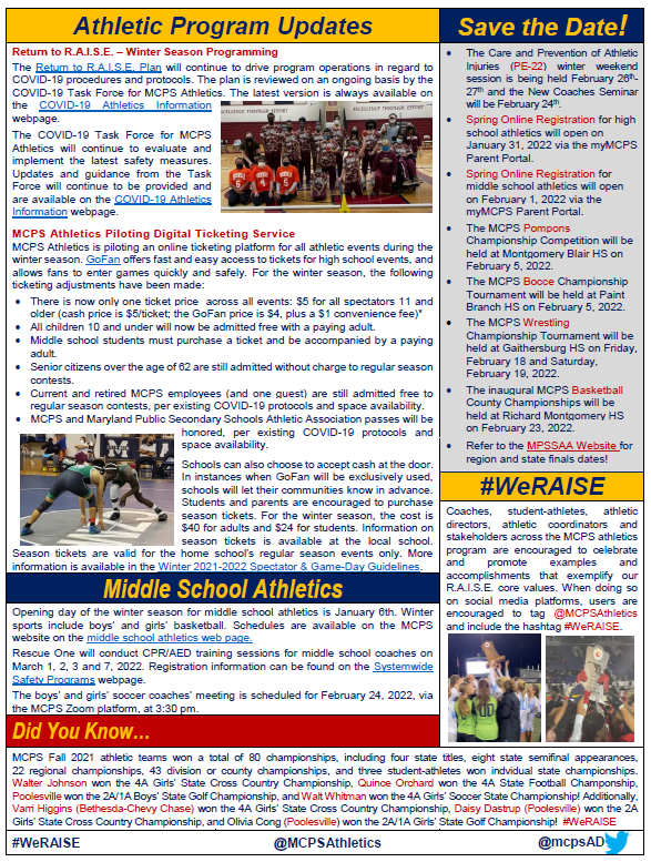 MCPSAthletics's tweet photo. Hot 🔥🔥Off the Press is the 14th Edition of The R.A.I.S.E. Report - just in time for winter ❄️❄️ break reading! Enjoy! https://t.co/FfgEd7SnJx @mcpsAD @mcps @mcpsvolunteers https://t.co/06uMxZsvil