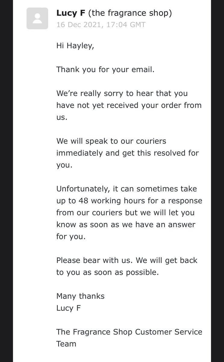 MrsJaye's tweet photo. @FragranceShopUK I’m stuck in a loop of ‘fill in this form and send us details, then standard email from ‘Lucy F’. Same emails 6 days apart. I don’t think you have any intention of replacing my lost item and you hope I’ll leave it, but I won’t. https://t.co/v1uWDBbg9i