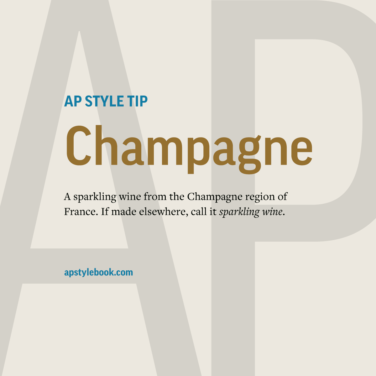 APStylebook's tweet photo. If you're popping bubbly to celebrate the new year, it's Champagne if it's a sparkling wine from the Champagne region of France. 
If it's made elsewhere, call it sparkling wine.
And if you do that too many times, hangover is one word, no hyphen. https://t.co/1tWJn1Zmbk