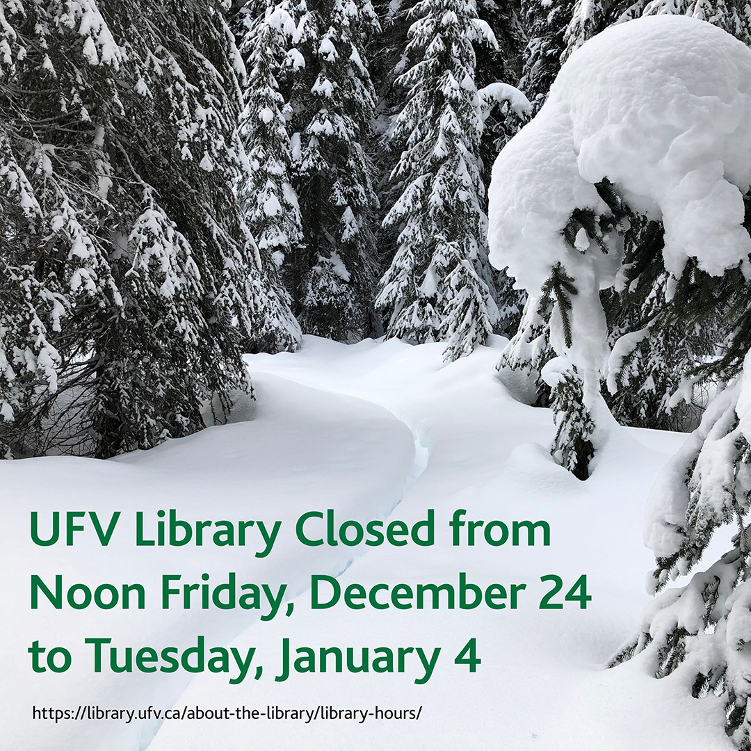 UFVLibrary's tweet photo. Reminder: Library hours are changing leading up to the winter break closure. UFV library is open 8:30am-4:30pm today, Wednesday, and tomorrow, Thursday, and open 8:30am-12noon Friday. #UFVlibrary https://t.co/kNKDd9Iwpw https://t.co/Gh1xdVDDjk