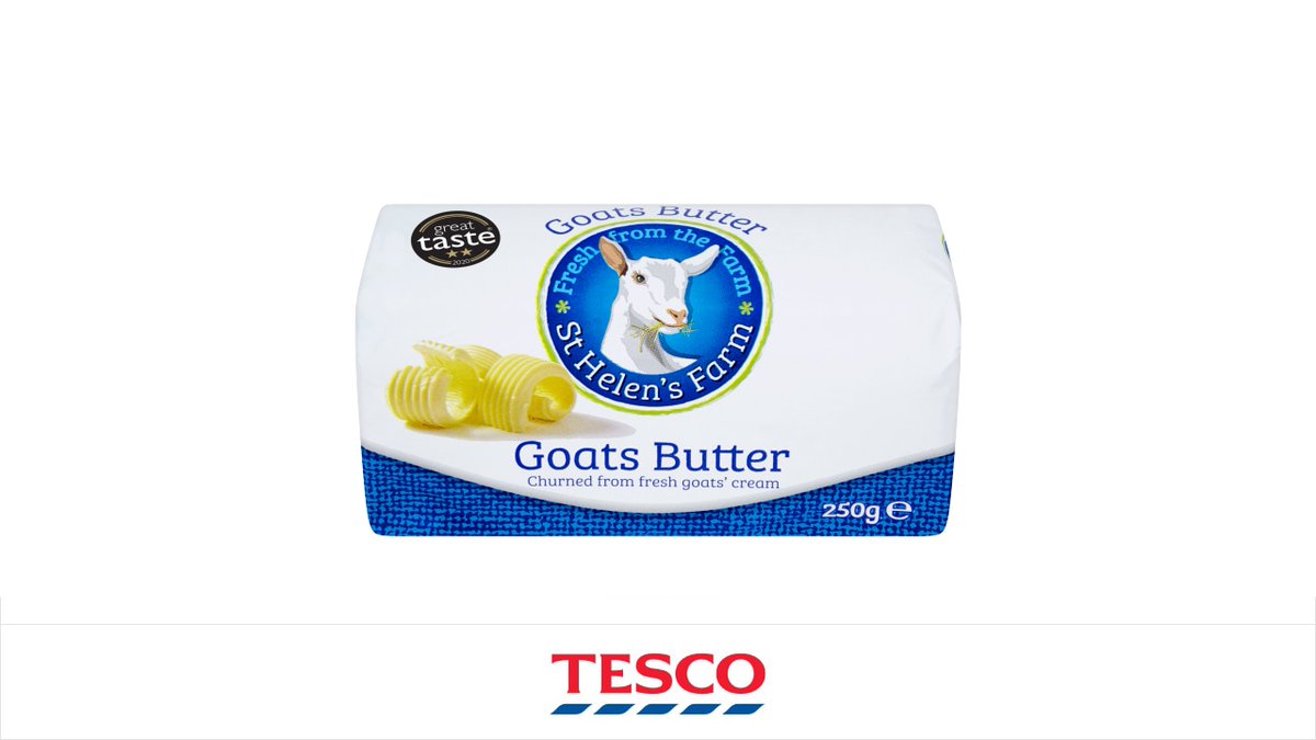 Tesco's tweet photo. We’ve been made aware that St Helen’s Farm are recalling certain batch codes of their St Helen’s Farm Goats Butter 250g. This is because the product may contain small pieces of metal which may pose a health risk. Find out more here: https://t.co/3tNS7p3DDX https://t.co/FcUpXRGwov