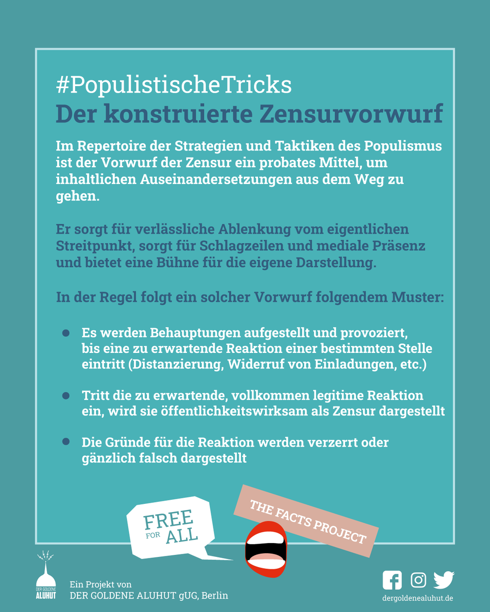 FactsProjectDE's tweet photo. #PopulistischeTricks
Der konstruierte Zensurvorwurf
Im Repertoire der Strategien und Taktiken des #Populismus ist der Vorwurf der #Zensur generell ein probates Mittel, um inhaltlichen Auseinandersetzungen aus dem Weg zu gehen. 
👉 https://t.co/8Jyo0bDX1h https://t.co/R5cNQ9lCxw