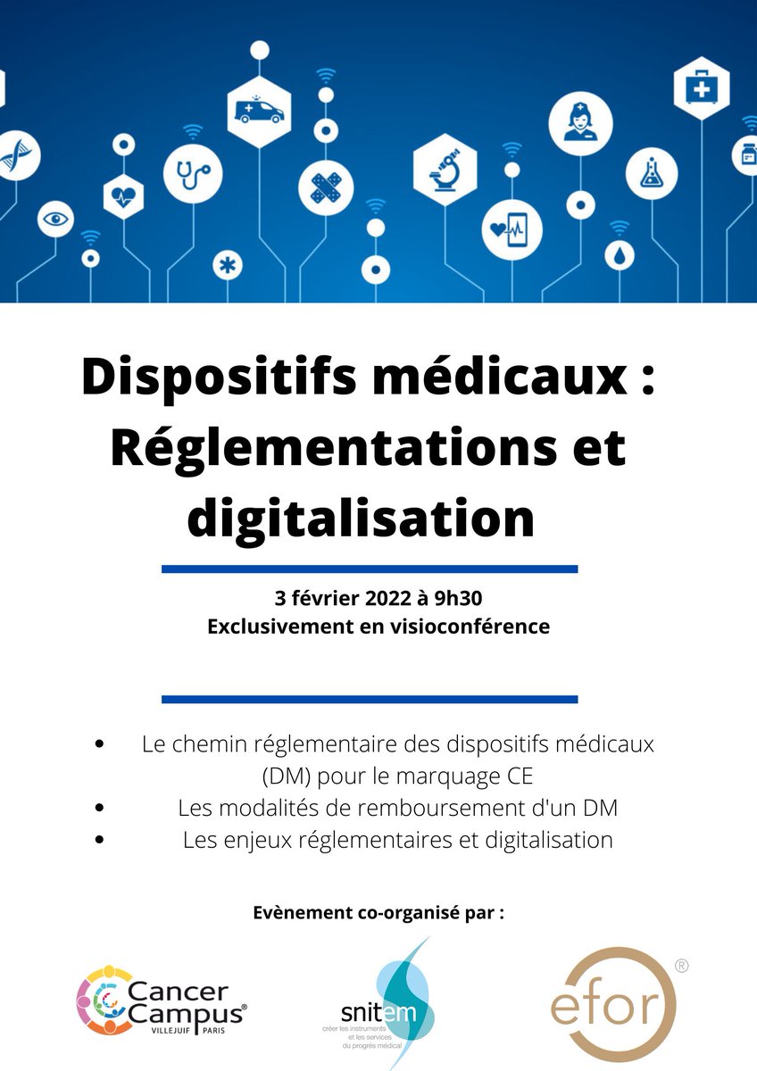 SAVE THE DATE !

Le 3 février 2022 de 9h30 à 12h: Cancer Campus, associé au SNITEM et à l'EFOR, vous propose un atelier thématique sur les dispositifs médicaux ainsi que leurs enjeux réglementaires.

Inscrivez-vous via Google Form en cliquant ici : forms.gle/zxGUbpUE6Dwx7g…