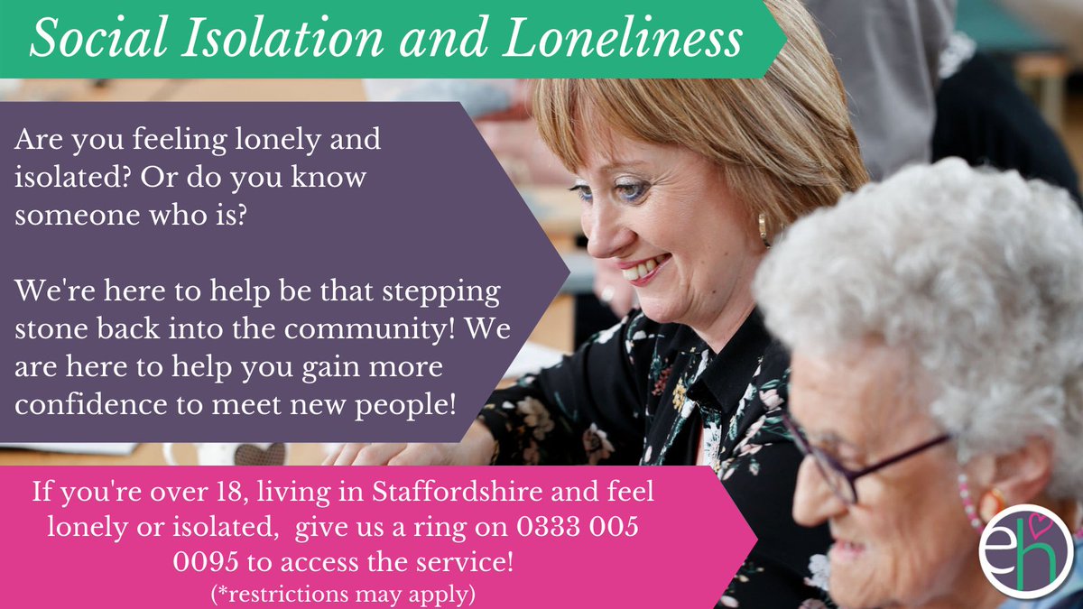 EHStaffordshire's tweet photo. Do you feel lonely or isolated but want to get back out within the community?

We can help you build your confidence back up and meet new people in your area!

If you're over 18 &amp; living in Staffs, call 0333 005 0095 to find out more!

(*Restrictions may apply)

@StaffordshireCC https://t.co/yHY0kgfvxt