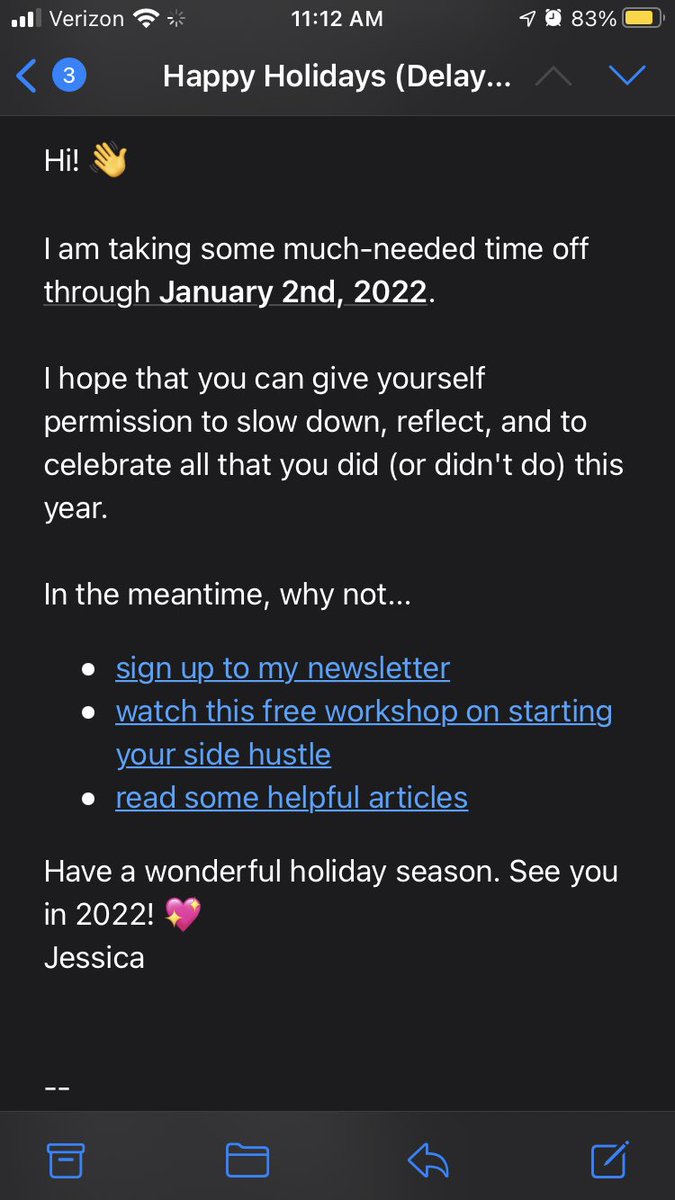 I don’t always set up an out of office message for my side hustle but when I do, I will use this format inspired by <a href="/anthilemoon/">Old Account</a> earlier this year.