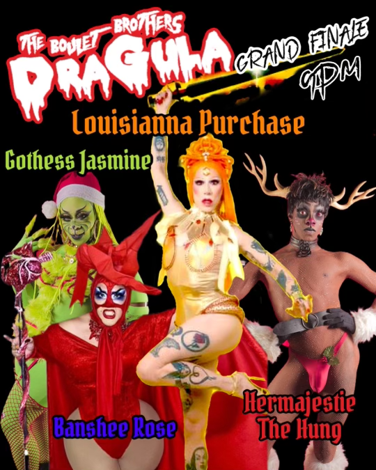 ⏰Tonight is Dragula’s GRAND FINALE & all but☝️of the #top4 👑 have had it..officially! 🗡@MadamLPurchase @gothess.jasmine 🦌@hermajestie_thehung +🌹@thebansheerose perform + serve hot @bouletbrothersdragula tea 🎟 $5 + VIP tables avail. w 🍾🥂 🍻 🚪9PM swandive.link/dragulagreandf…