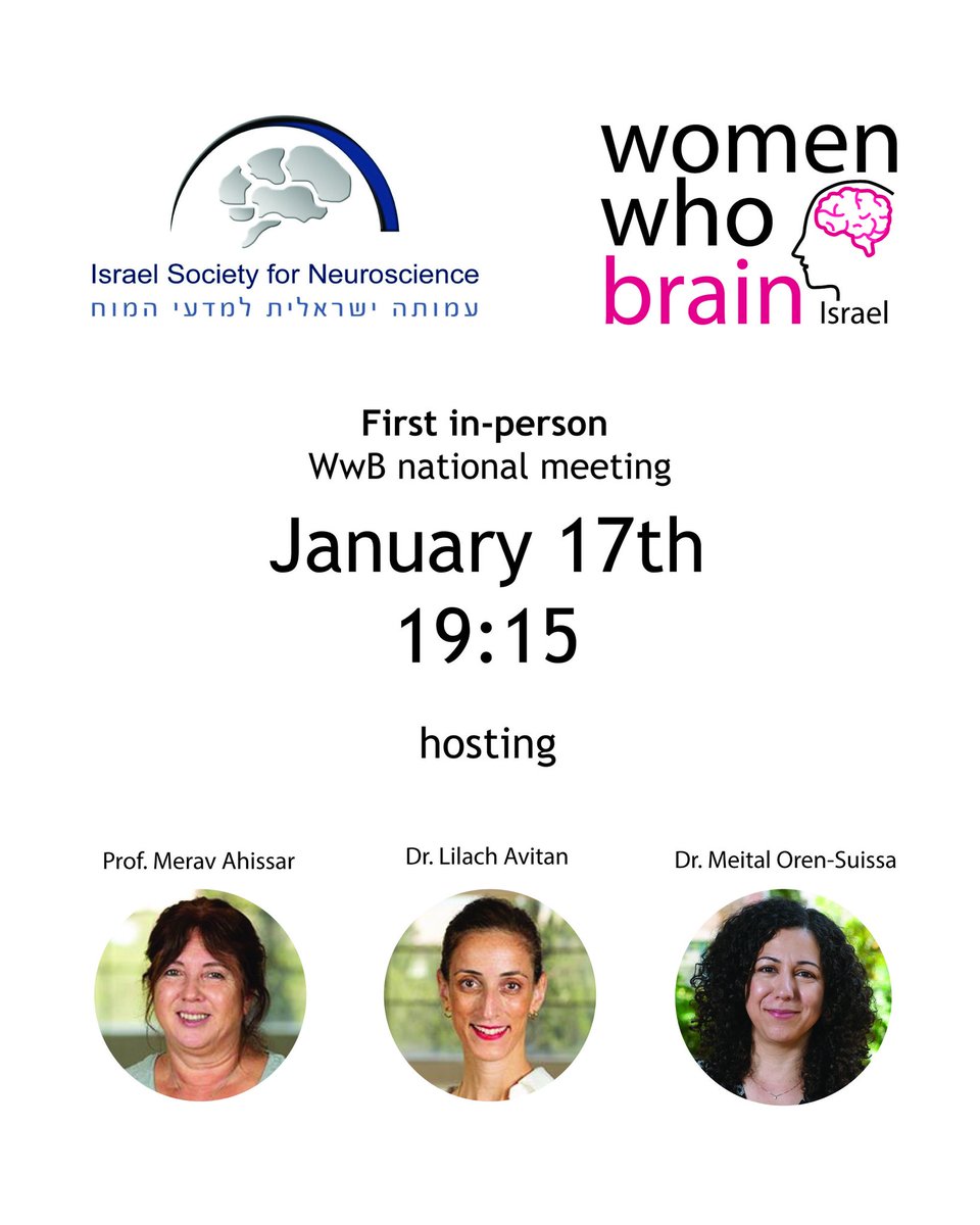 WomenWhoBrainIL (@wwb_il) on Twitter photo We are excited to invite all female neuroscience graduate students to our FIRST IN-PERSON national meeting, taking place in the upcoming #ISFN! 🤩
We will be hosting Prof. <a href="/MeravAhissar/">Merav Ahissar</a>, Dr. <a href="/LilachAvitan/">Lilach Avitan</a> and Dr. <a href="/MeitalOren/">Meital Oren-Suissa</a> who will tell us about their career and personal paths. We are excited to invite all female neuroscience graduate students to our FIRST IN-PERSON national meeting, taking place in the upcoming #ISFN! 🤩
We will be hosting Prof. <a href="/MeravAhissar/">Merav Ahissar</a>, Dr. <a href="/LilachAvitan/">Lilach Avitan</a> and Dr. <a href="/MeitalOren/">Meital Oren-Suissa</a> who will tell us about their career and personal paths.