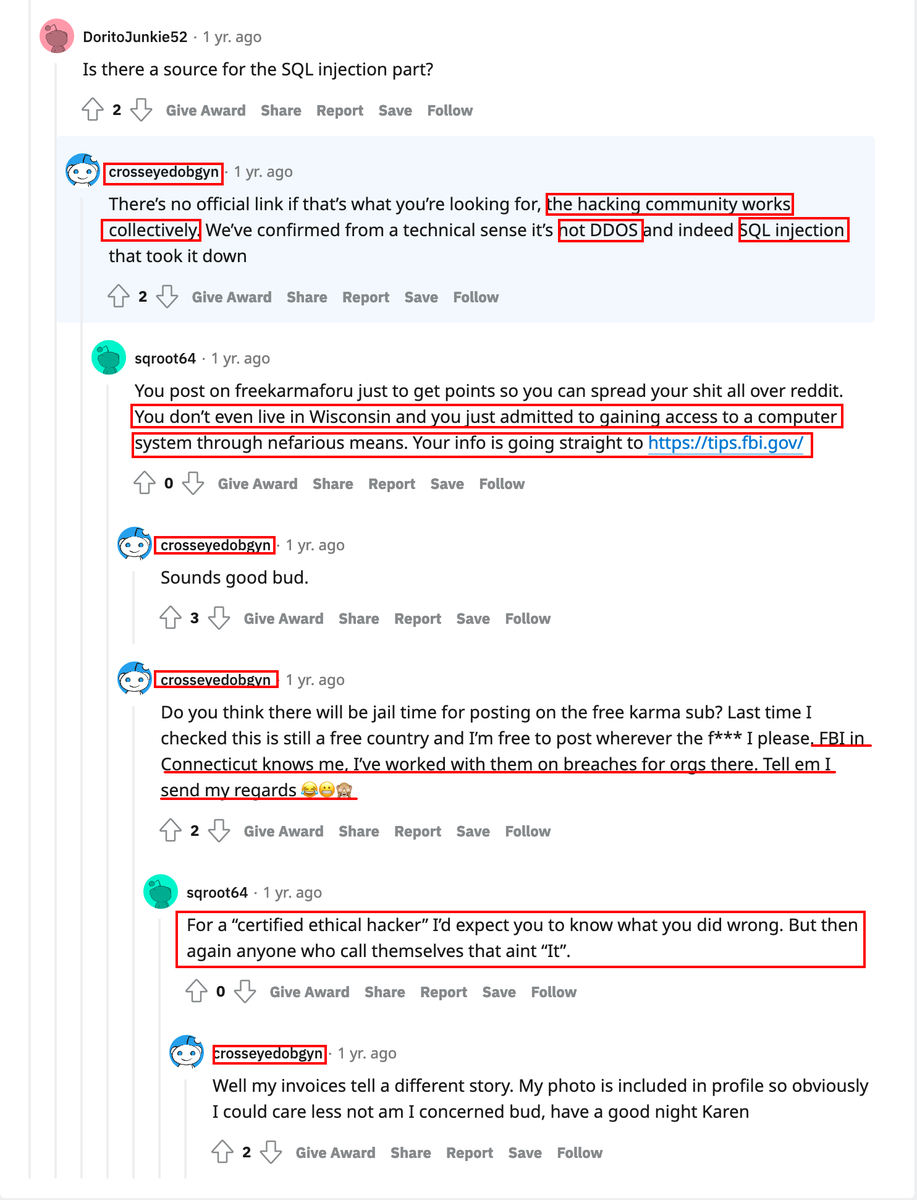 JamesTheGuide's tweet photo. It is interesting to see Ali Eslami concerned about data breaches when he was responsible for numerous and was called out for it by a reddit user for being unethical.
Ali said it was appropriate since he had links to and worked with the FBI.  Proof he is also CrossEyedObgyn. https://t.co/rGPujlkWWj