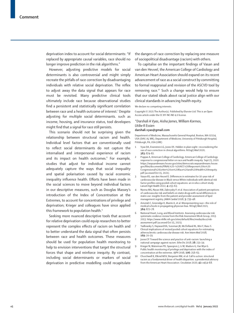 NEW in @LancetDigitalH. Led by @DarshaliVyas we discuss how the use of race in ASCVD risk reifies the concept of race as biological, the challenge of adjusting predictive models for social determinants of health, and a hopeful path forward. #HealthEquity thelancet.com/journals/landi…