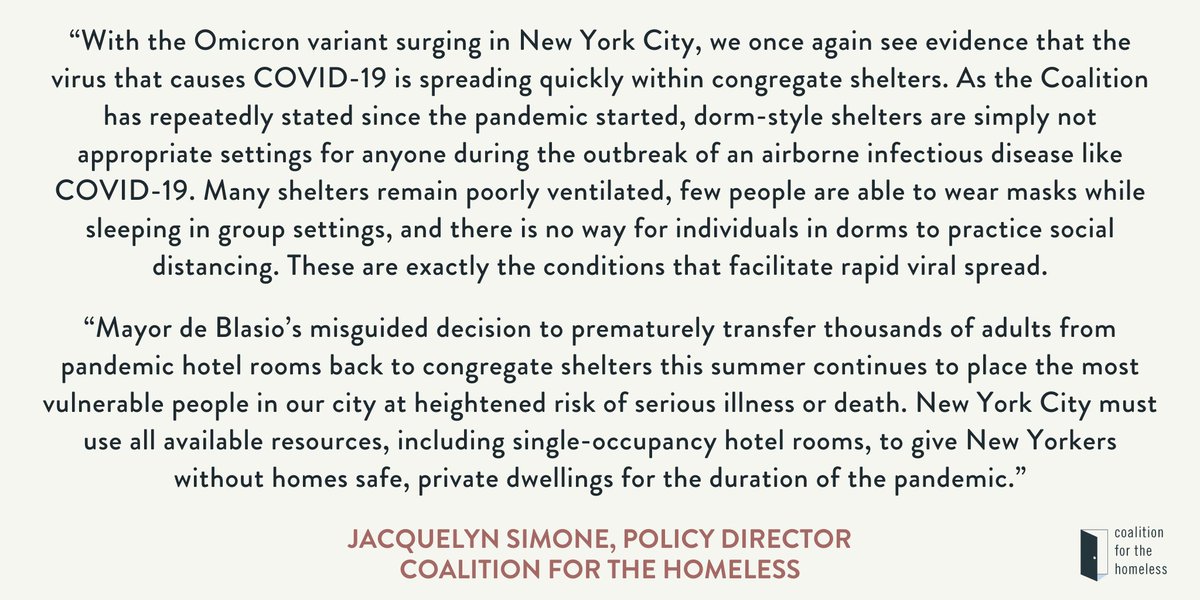 “New York City must use all available resources, including single-occupancy hotel rooms, to give New Yorkers without homes safe, private dwellings for the duration of the pandemic.” Read our statement in response to the #Omicron variant in NYC shelters: coalitionforthehomeless.org/press/statemen…