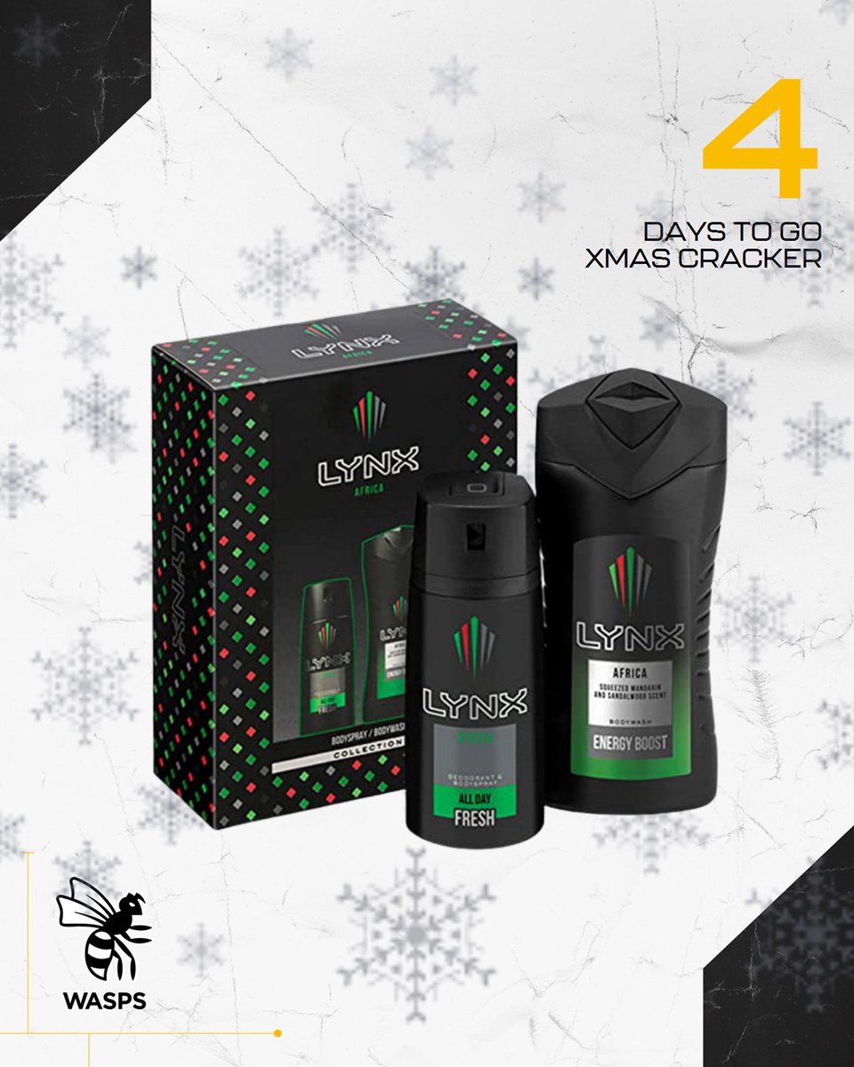 WaspsRugby's tweet image. 4️⃣days to go until The Christmas Cracker 🎅🏽

Our BEST prize yet!👀 Follow + Retweet this post for a chance to WIN a Lynx Africa Gift Set! 

🎟| wasps.co.uk/xmas
T&amp;amp;Cs| wasps.co.uk/xmas-comp