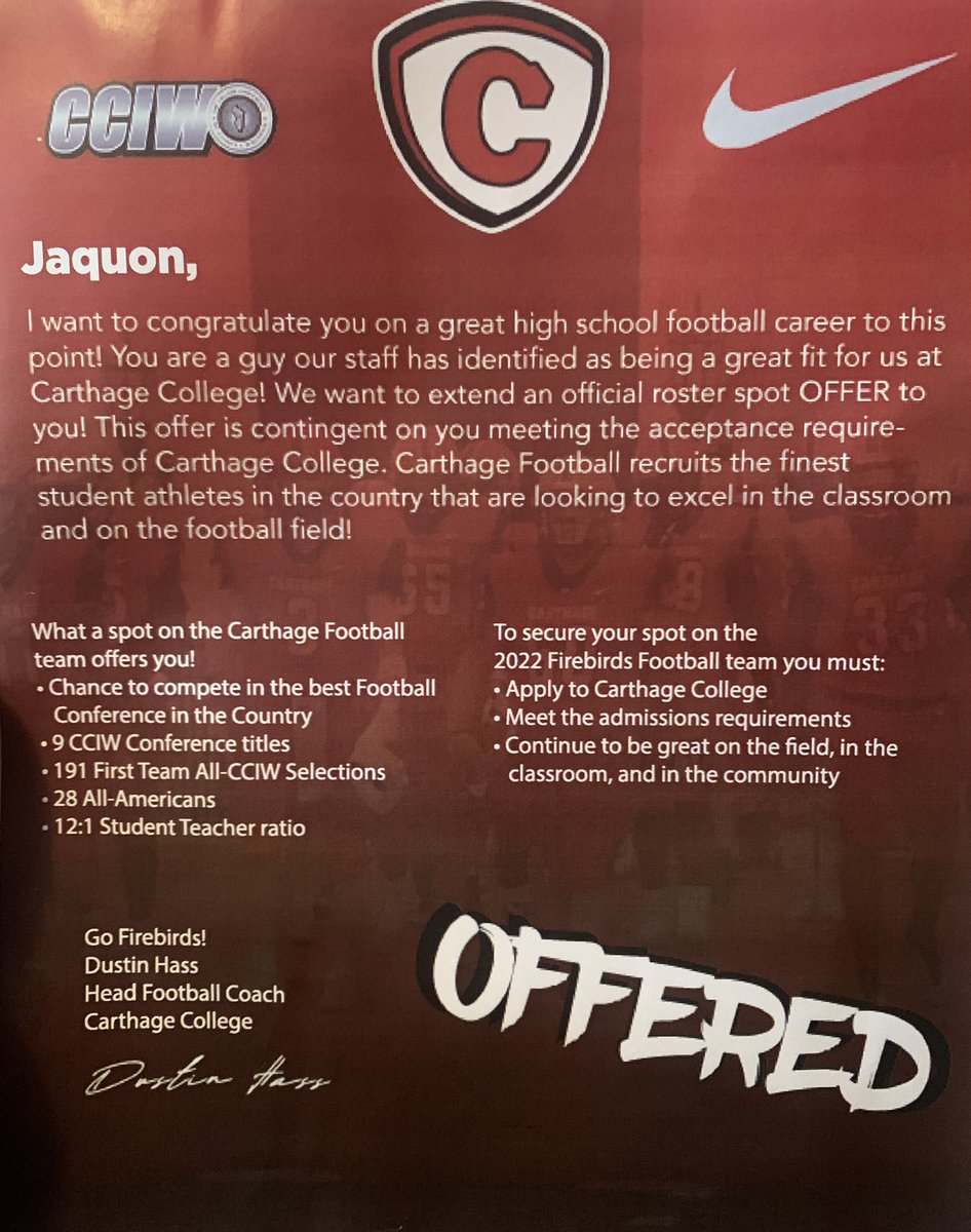 Quonskii's tweet photo. Blessed to receive an official offer from Carthage College! 🔴⚪️ @CoachDustinHass @CoachNelsonFB @Gilbert14Johnny @DoughertyHigh @Kam_Davis24 https://t.co/wOadRsGbLI