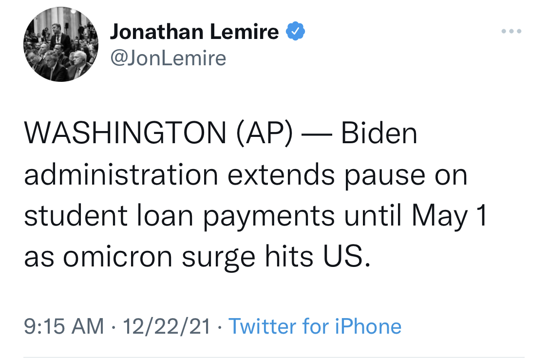 RepMaloney's tweet photo. Huge news for student loan borrowers!!

I’m thankful @POTUS heeded my call to extend this relief that so many need right now, especially as #Omicron cases continue to increase. We must get through this pandemic, and we must #CancelStudentDebt https://t.co/HmZG9NOorq