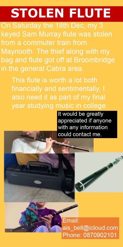 My daughters flute was stolen last Sat. It was handmade for her. She needs it to complete her final year music degree. She is devastated. Pls help her to bring this flute home for Christmas!  RT <a href="/IanDempsey/">Ian Dempsey</a> <a href="/tara_howley/">Tara Howley</a> <a href="/Comhaltas/">Comhaltas (CCÉ)</a> <a href="/DublinComhaltas/">Dublin Comhaltas</a>