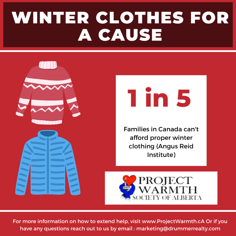 DrummerRealty's tweet photo. We've been collecting winter clothing to assist in this issue. Project Warmth aids in supplying items that can help those who do not have adequate shelter. It's so easy, you can drop off coats, mitts etc. in the bins provided in front of some fire stations around Calgary!