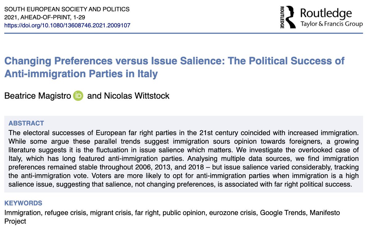 BeaMagistro's tweet photo. Santa 🎅 delivered 👀. My paper with @NWittstock7 "Changing Preferences versus Issue Salience: The Political Success of Anti-immigration Parties in Italy" is just out on @sesp_j https://t.co/CA2olKwyAi https://t.co/0vtnQegfPS