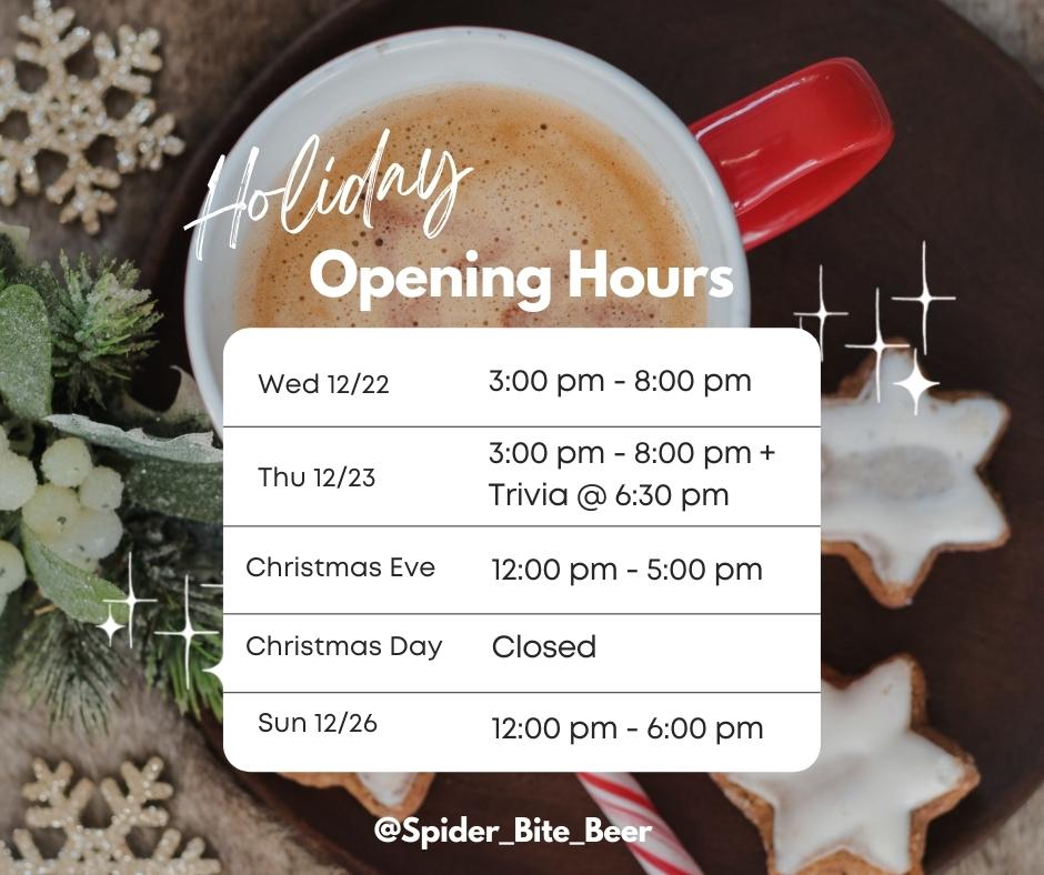 Christmas week hours and the last trivia of the year.  Plan your beer fridge accordingly.