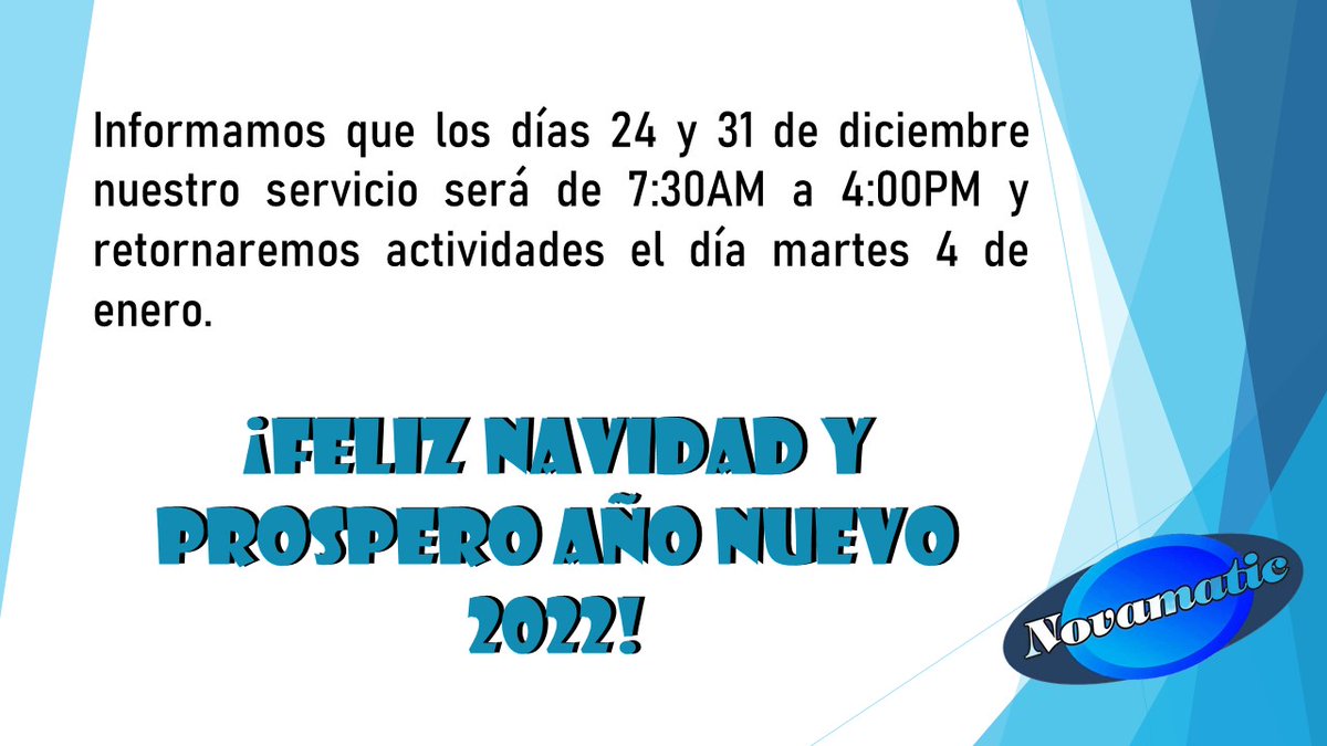 Lnovamatic's tweet photo. NUESTROS HORARIOS PARA FIN DE AÑO #lavandería #tintorería #sastrería #Novamatic https://t.co/3966GmWL4P
