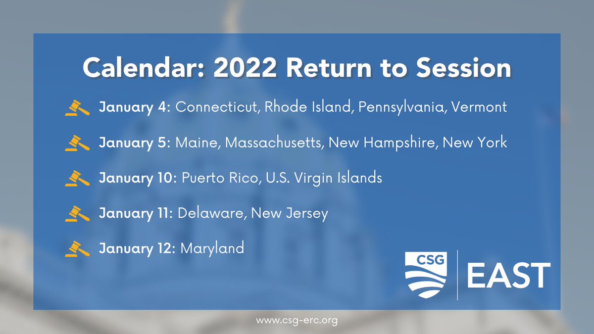 By mid-week, every U.S. jurisdiction in CSG East will be in session!

Best of luck to our friends in Puerto Rico and the U.S. Virgin Islands today, followed by Delaware and New Jersey tomorrow and Maryland on Wednesday as they gavel in for 2022. 