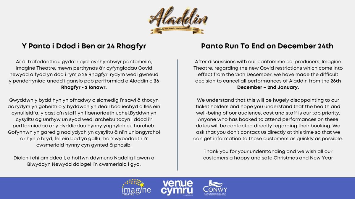 VenueCymru's tweet photo. Pantomime statement - Please read the below. https://t.co/XnykVRUIVe