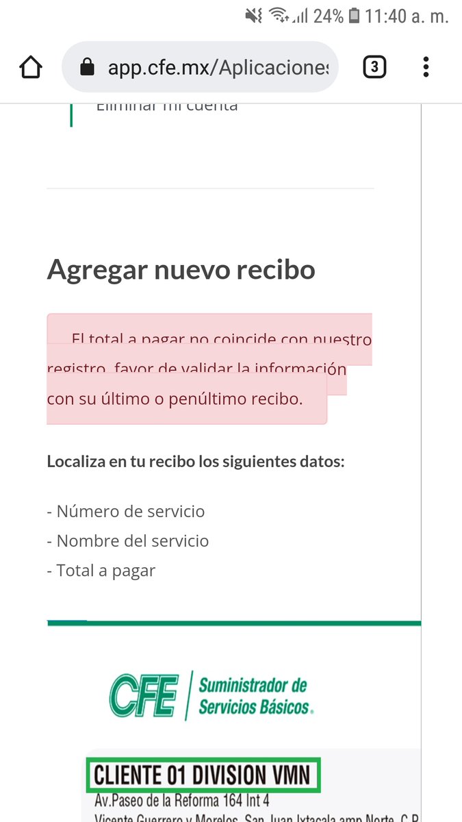 StyleLucha's tweet photo. @CFEmx ayuda con Alta de mi recibo en Mi Espacio, meto lo datos requeridos (el precio del penúltimo recibo está correcto) y sale este mensaje. El último recibo es el que quiero consultar y no me ha llegado. Gracias. https://t.co/t1gmFdpZdM