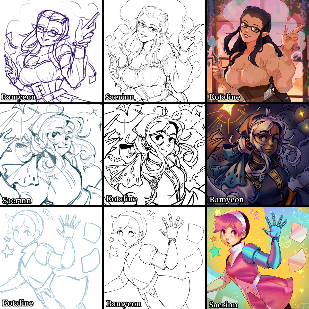 Long overdue switcharound OC art meme between my fellow nuggies!! 
Starring @kotalinejones 's Sincerity, @ramyeonguksu "s Bella and my girl Ersi! We started our own sketches and passed the lineart and coloring to each other! 