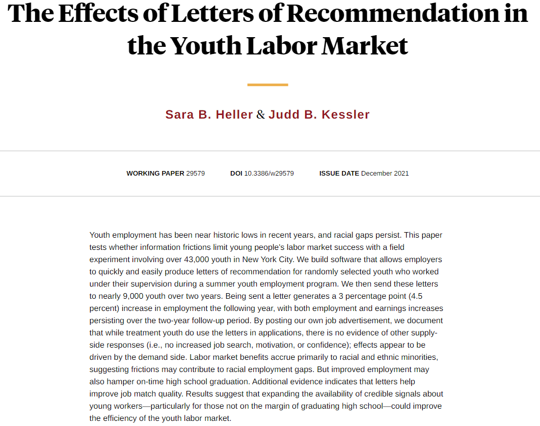 NBER (@nberpubs) on Twitter photo Recommendation letters dramatically increase employment and earnings for low-income, minority youth in New York City, from Sara B. Heller and <a href="/juddkessler/">Judd Kessler</a> nber.org/papers/w29579 Recommendation letters dramatically increase employment and earnings for low-income, minority youth in New York City, from Sara B. Heller and <a href="/juddkessler/">Judd Kessler</a> nber.org/papers/w29579