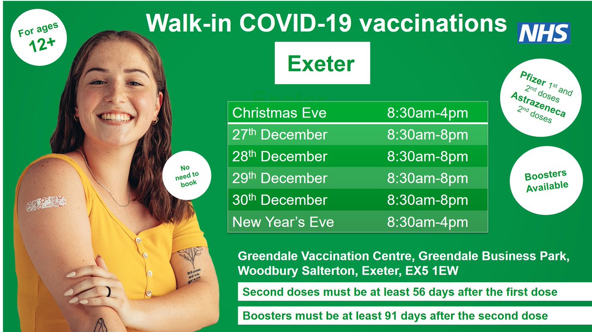 There are plenty of opportunities to get your COVID-19 booster vaccine at Greendale near #Exeter Syringe
See the graphic for the full details 
@RDEhospitals <a href="/DPT_NHS/">Devon Partnership NHS Trust</a> <a href="/GreendaleBP/">Greendale Bus. Park</a> <a href="/DevonCC/">Devon County Council</a> <a href="/eastdevon/">East Devon District Council</a> <a href="/MidDevonDC/">Mid Devon District Council</a> <a href="/ExeterCouncil/">Exeter City Council</a>
