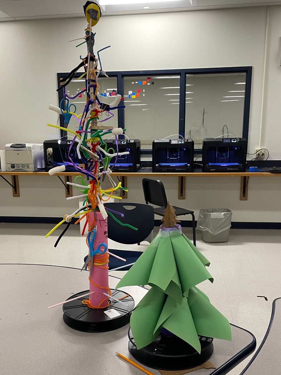 NashuaEngineerg's tweet photo. Engineering challenge: what kind of Christmas tree can you make in 30 minutes or less with the materials in the classroom.  Here are the results from two groups. https://t.co/dkY48a1FUb