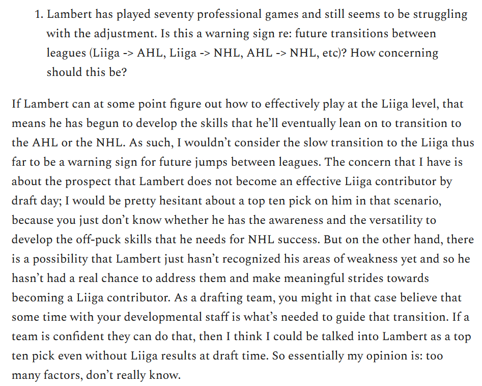 DraftLook's tweet image. New Substack: Attempted to get to the bottom of Brad Lambert's struggles in the professional game, plus some poorly organized analysis/thoughts on his game, his outlook, and his development at the end. draftlookhockey.substack.com/p/dissecting-b…