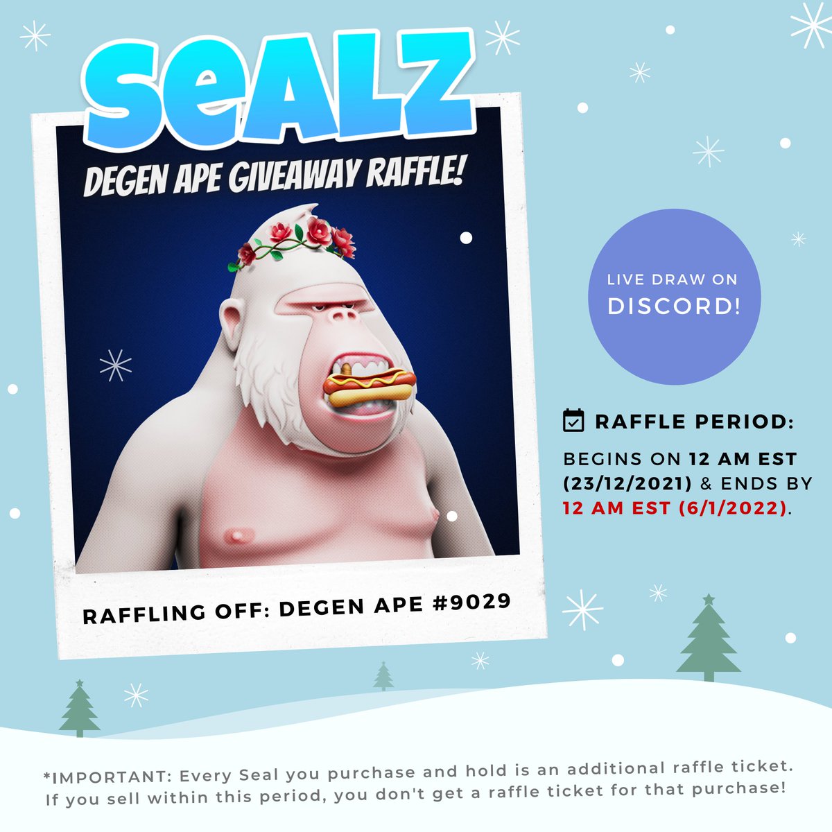 SEALZDAO's tweet photo. Have you ever wanted a @DegenApeAcademy NFT?

Well, now's your chance!

We are raffling off a Degen Ape Academy and the winner will be drawn live on Discord!

Buy and HODL. That's the name of the game.

LFGROWWW!!

#ArfArf

#NFTGiveaway #Giveaway #NFTGiveaways #NFTRaffle https://t.co/CiqdHZvMDc