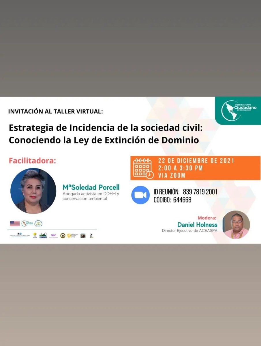 danielwaterman_'s tweet photo. El Observatorio Ciudadano de Corrupción invita a los interesados a participar del Taller Virtual: Estrategia de Incidencia de la sociedad civil: Conociendo la Ley de Extinción de Dominio.

Enlace: https://t.co/qqfylJPYwi

 #estrategia #corrupción #seguridadciudadana https://t.co/Ndc24hRQS6