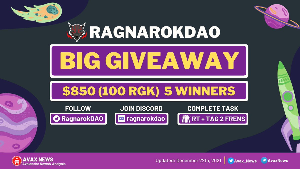 Avax_News's tweet photo. 📢GIVEAWAY TIME ~ @RagnarokDAO

RagnarokDao is giving 5 people a total of $850 worth of RGK Tokens as a gift.

✅ Follow @RagnarokDAO
✅ Join https://t.co/u2JGNQjWG8
✅ Retweet + tag 2friends

#AvaxNews #Avalanche #Giveaway https://t.co/jmNrpdjOsc