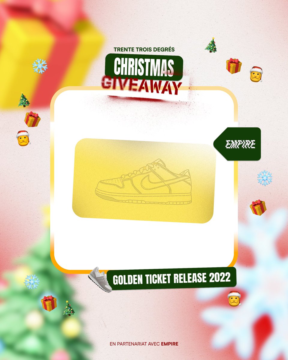 33Degres's tweet photo. 🎄 On vous offre un golden ticket qui vous offrira la paire de Nike Dunk SB de votre choix en 2022 avec Empire !

Pour participer :

1. RT + FOLLOW @33degres
2. Mentionne 2 personnes de ton choix 

Double tes chances en participant également sur Instagram @/trentetroisdegres 🎁 https://t.co/Hc8E3lH0XI