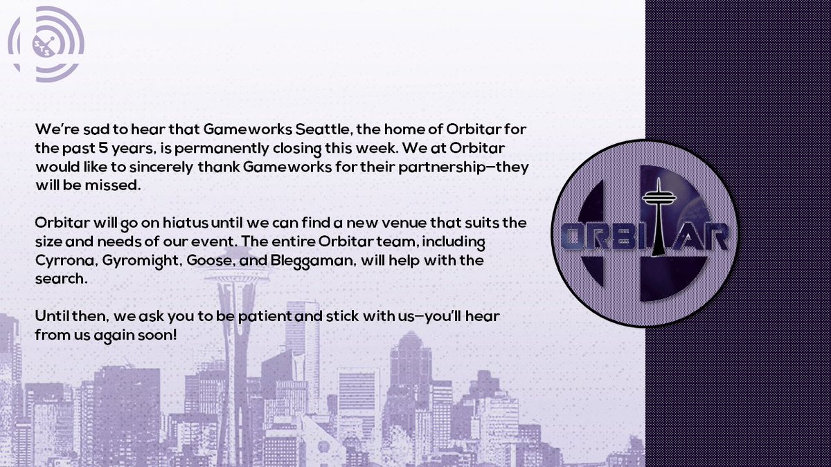 Orbitar will go on hiatus while we search for a new venue.

STATEMENT BELOW: