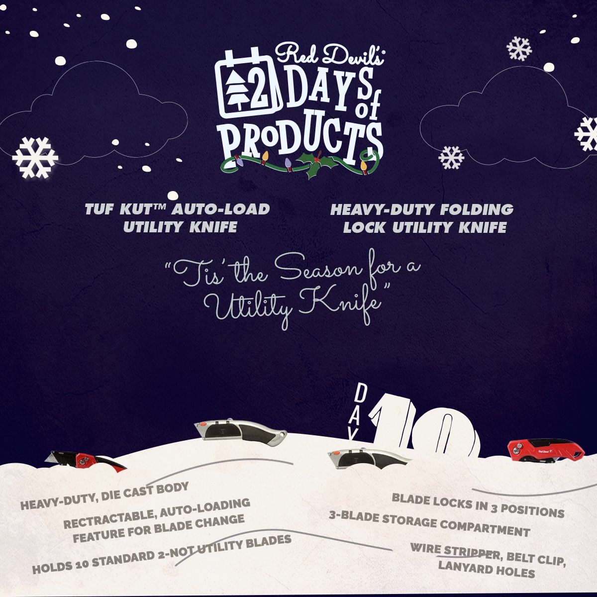 Tis' the season for you to try one of our heavy-duty utility knives. Our Tuf-Kut™ Auto-Load Utility Knife and Heavy-Duty Folding Lock Utility Knife are two feature-packed knives that are a great addition to any toolbox.  

#utilityknife #homeimprovement #proproduct #diyfriendly