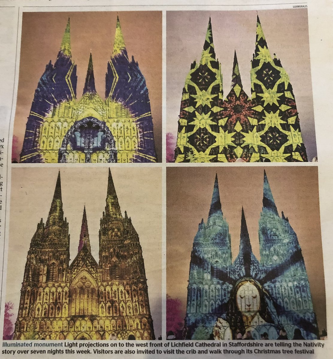 luxmuralis's tweet photo. Great to see #themanger feature in @thetimes todays with uplifting pictures - thanks from @pwalkersculptor @dvdhrpr and all the #luxmuralis team to the volunteers & staff of @LichfieldCath and to everyone who came and supported us on this years show - happy Christmas https://t.co/UCqWsdgGcN