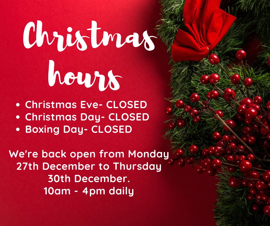 ONeillsDecor's tweet photo. Festive Hours Update: As we get closer to the celebrations we wanted to clarify our trading days with you.

We will be closed from 24th December and re-opening on Monday 27th December until Thursday 30th December 10am-4pm daily. https://t.co/BdQRam7DCE
