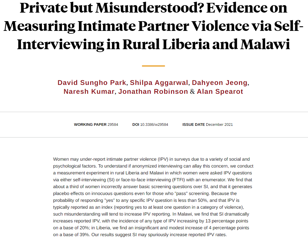 NBER (@nberpubs) on Twitter photo In a RCT, self-interviewing (SI) increases reported intimate partner violence (IPV) and errors on placebo questions. SI may spuriously increase IPV reporting, from <a href="/DavidSunghoPark/">David Sungho Park</a>, <a href="/shilpa_555/">Shilpa Aggarwal</a>, <a href="/dahyeon_jeong/">Dahyeon Jeong</a>, Naresh Kumar, @jmrtwentytwo, and @acspearot nber.org/papers/w29584 In a RCT, self-interviewing (SI) increases reported intimate partner violence (IPV) and errors on placebo questions. SI may spuriously increase IPV reporting, from <a href="/DavidSunghoPark/">David Sungho Park</a>, <a href="/shilpa_555/">Shilpa Aggarwal</a>, <a href="/dahyeon_jeong/">Dahyeon Jeong</a>, Naresh Kumar, @jmrtwentytwo, and @acspearot nber.org/papers/w29584