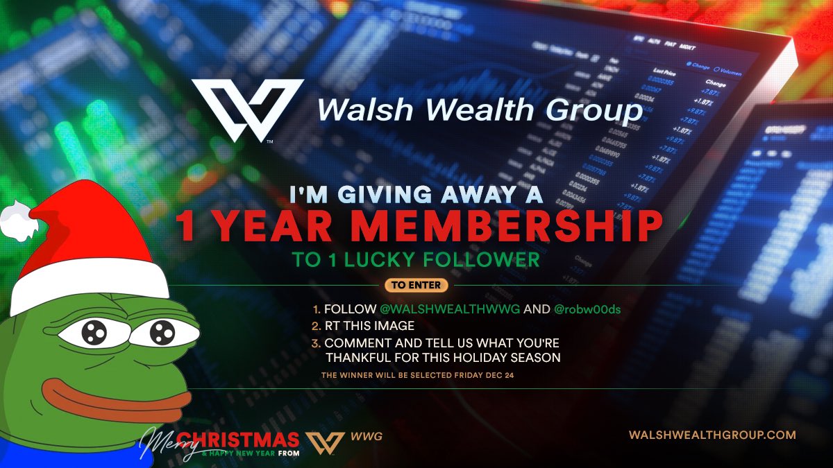 Here's your chance at a free 1 year membership to WWG

to enter:
1. Follow @WalshWealthWWG &amp; <a href="/robw00ds/">woods.ai</a> 
2. RT this post
3. Comment and tell me what you're thankful for this holiday season

Merry Christmas &amp; Happy New Year!