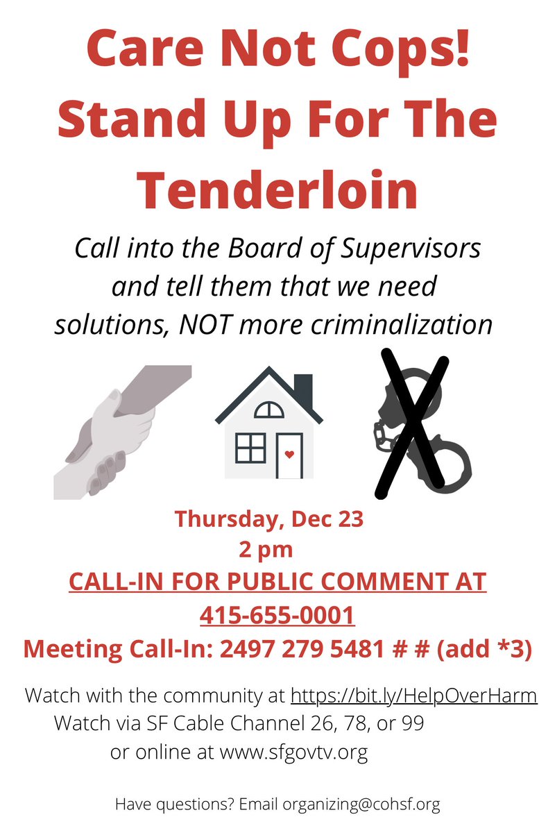TheCoalitionSF's tweet photo. Join us tomorrow in calling on @sfbos to support real solutions in the Tenderloin, not criminalization!
Mayor Breed’s proclamations vilify and degrade people living in poverty, stigmatizing them as “criminals.” The TL needs CARE not more COPS.
#TLtakeback https://t.co/L3rgN0QPWw