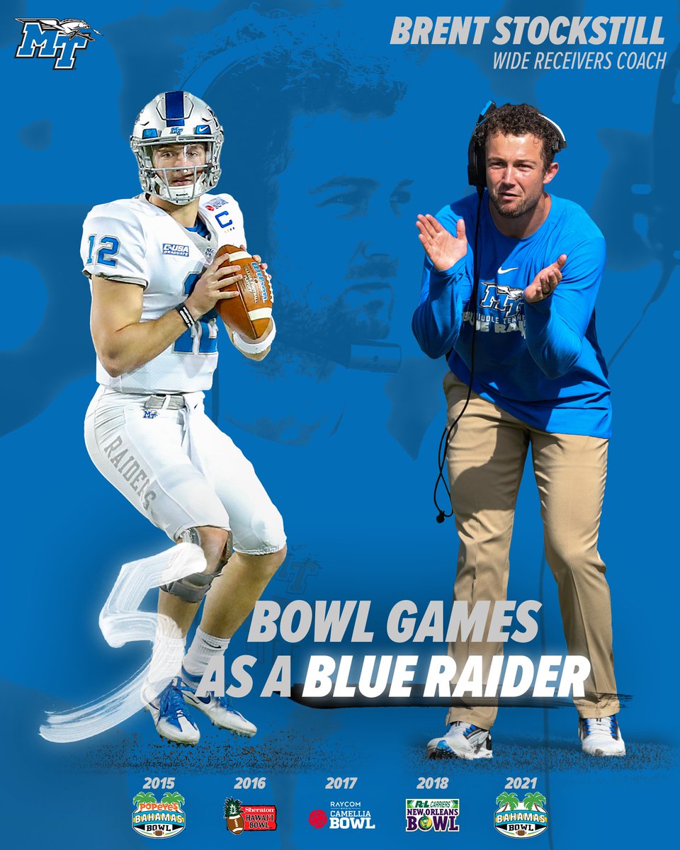 MT_FB's tweet photo. Four seasons as a letter winner. One season as a coach. Five bowl games as a Blue Raider.

@BrentStockstill has experience wearing the blue &amp; white in December.

#BuildBlueNow | #EATT https://t.co/qUsFsLvHZx