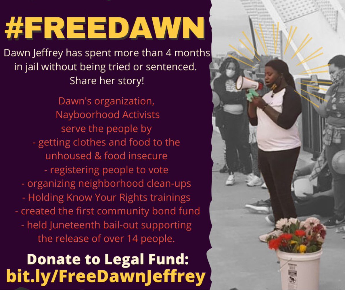 Dawn Jeffrey has been standing up to police brutality in AR and now she's being persecuted for trying to protect OUR communities. We refuse to let her become another victim of the prison system. Help get her legal representation Bit.ly/FreeDawnJeffrey #FreeDawn <a href="/BreeNewsome/">Don’t Boo…Revolt!</a>