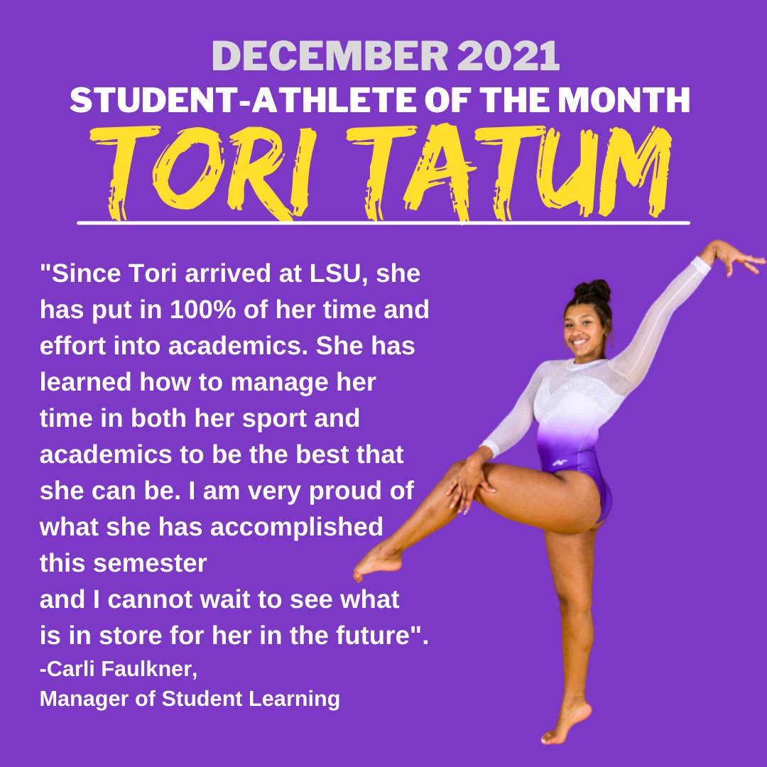 Our first featured Student-Athlete of the Month for December is <a href="/LSUgym/">LSU Gymnastics</a> student-athlete, Tori Tatum. Keep up the great work, Tori! #EntertoLearnLeavetoServe