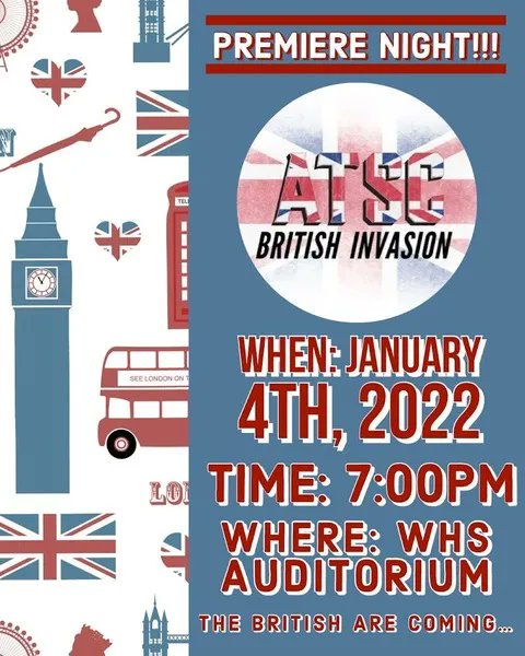 The British are coming… to the WHS Auditorium!
ATSC presents its own British Invasion ranging from classic 60s tunes to today’s hits!

The Free Concert information: 
Tuesday, Jan. 4
7PM 
WHS Auditorium 

#WeAreWestside #WestsideWarriors