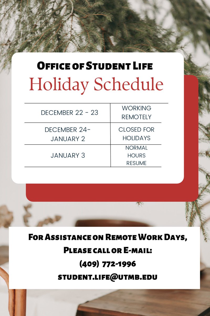 The Office of Student Life will be closed for the holidays beginning December 24th, 2021. We have attached our current schedule for your convenience. Wishing you a safe and happy holiday season from the Office of Student Life! 🎄