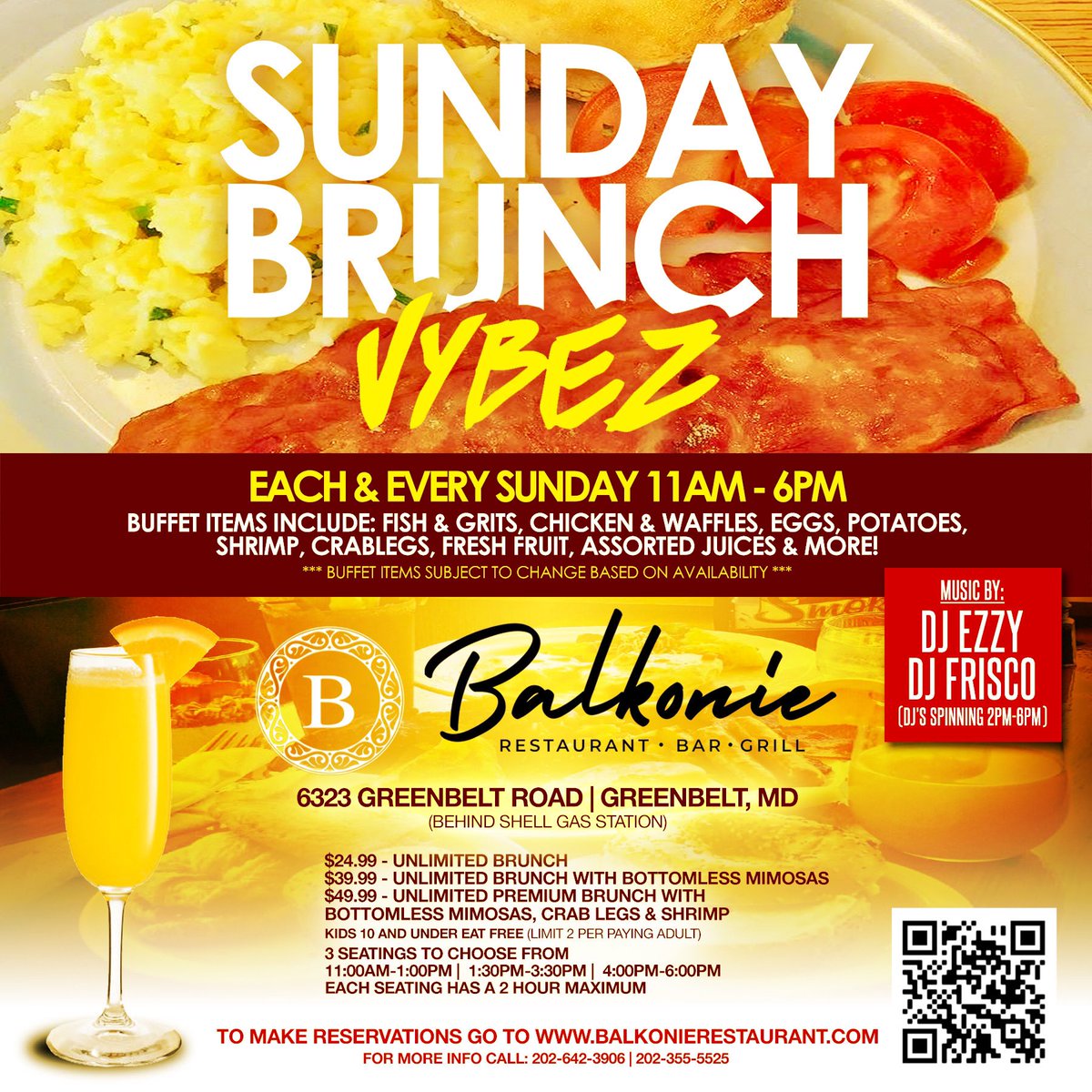 100ProofEntDMV's tweet photo. ** EVERY SUNDAY **

SUNDAY BRUNCH VYBEZ @ BALKONIE

BRUNCH SEATINGS:
11AM-1PM
1:30PM-3:30PM
4PM-6PM

MUST MAKE RESERVATIONS

MUSIC BY:
DJ Ezzy
DJ FRISCO
(DJ's Spinning from 2pm-6pm)

FOR TABLE RESERVATIONS GO TO:
https://t.co/pJFv0F737g

#SundayBrunchVybez #100ProofEntertainment https://t.co/z5boS7m6Jd