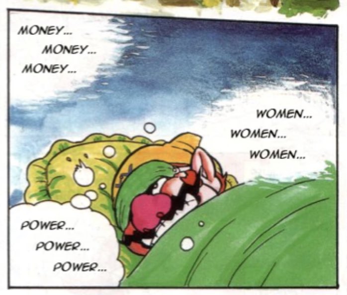 Another translated panel form 1995’s Warios Weihnachtsmärchen (Wario's Christmas Tale) showing what Wario thinks about as he drifts off to sleep.