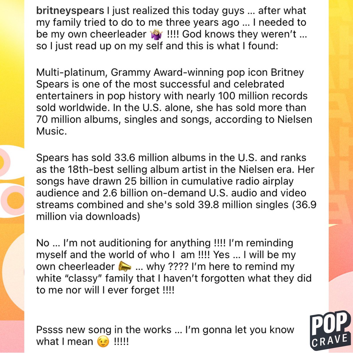 Britney Spears calls out her family in new Instagram post.