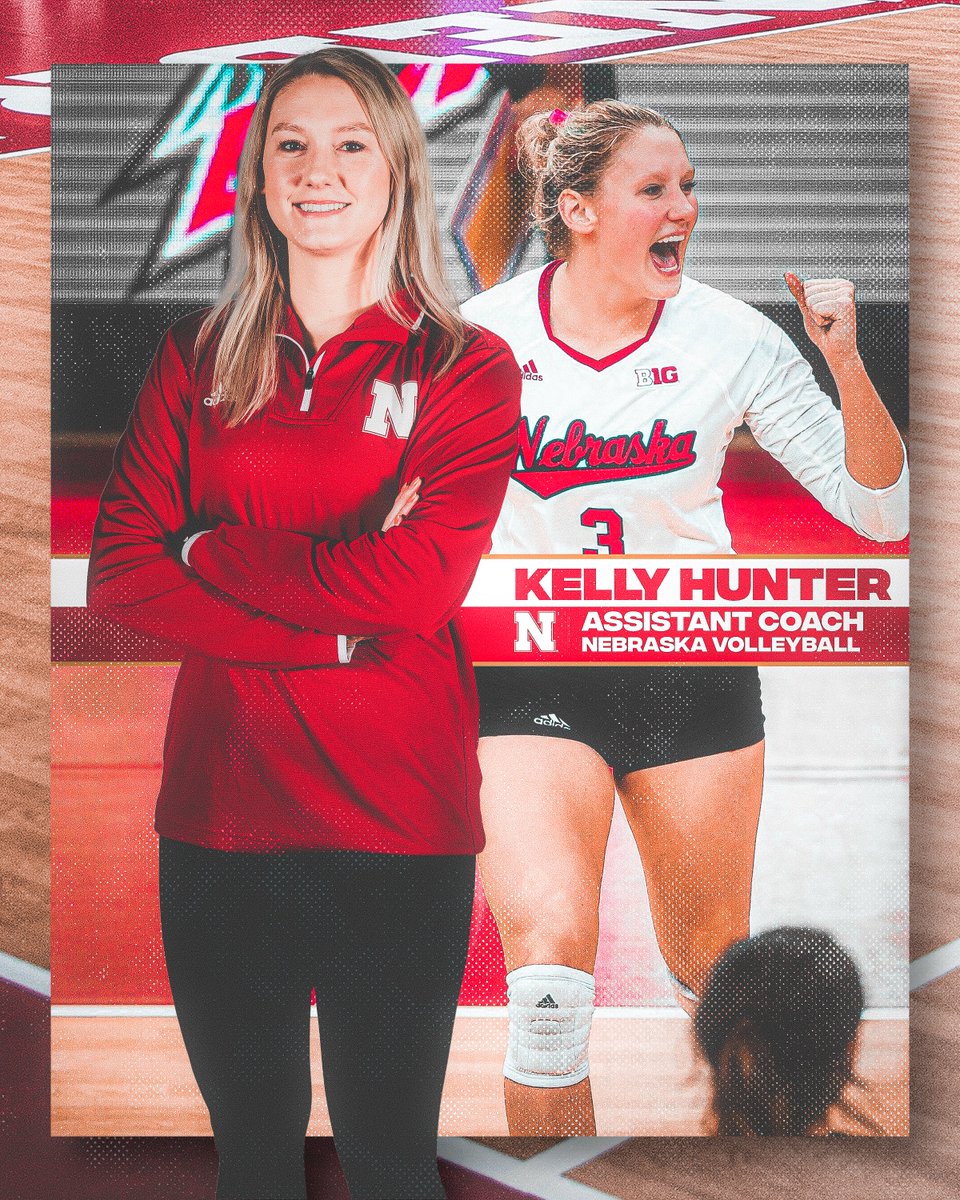HuskerVB's tweet photo. We've got a new Assistant Coach &amp; you may have heard of her...

• 2-time National Champion 🏆🏆
• 2-time All-American 🏅🏅
• 3-year Husker Captain 👑👑👑

Introducing the newest full-time member of our coaching staff, Husker legend, @KellyHunter03!

🌽: https://t.co/YsSVBRsaMa https://t.co/poPGcHnzHT